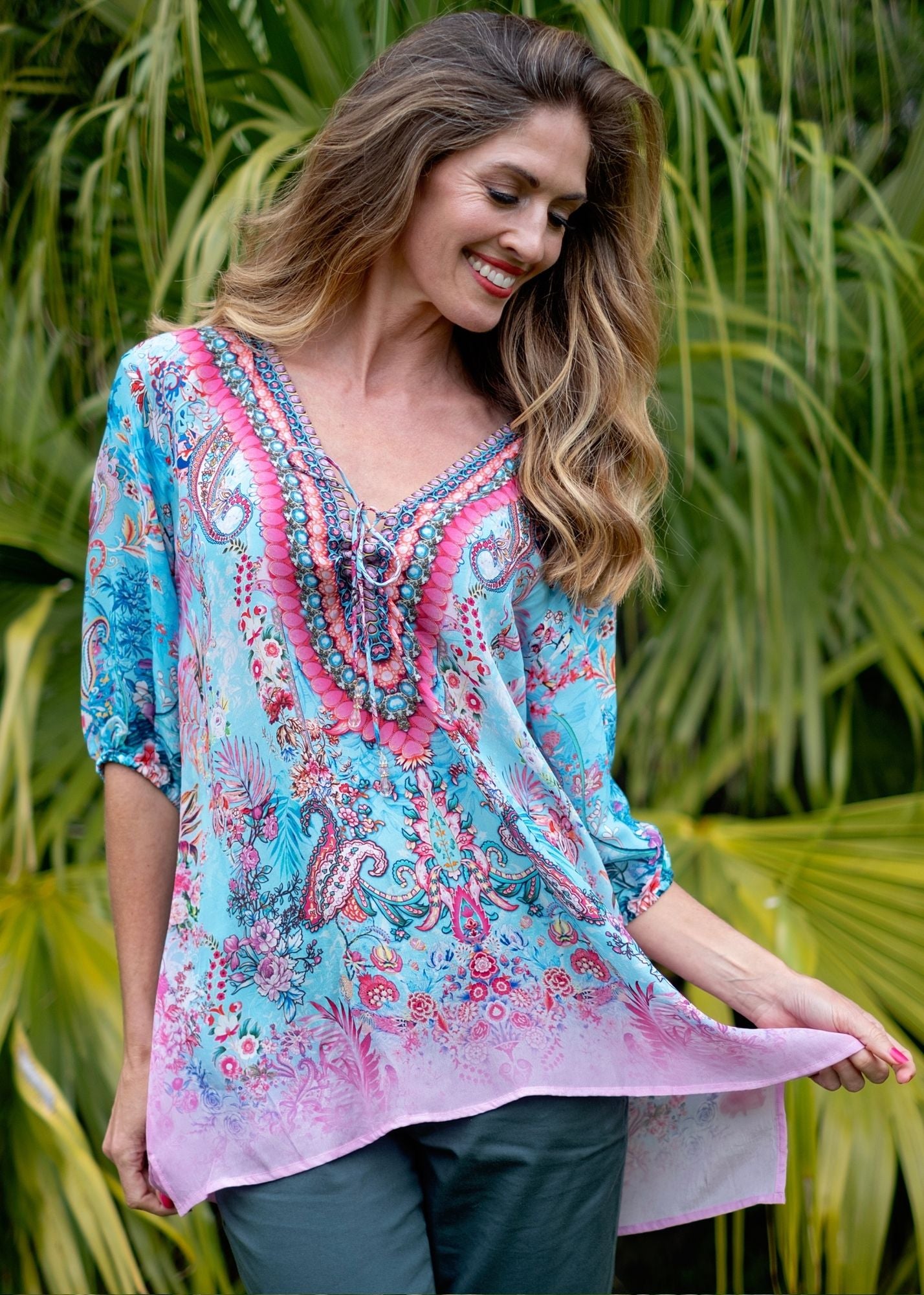 Angie Kaftan Blouse in Pink Multicolour