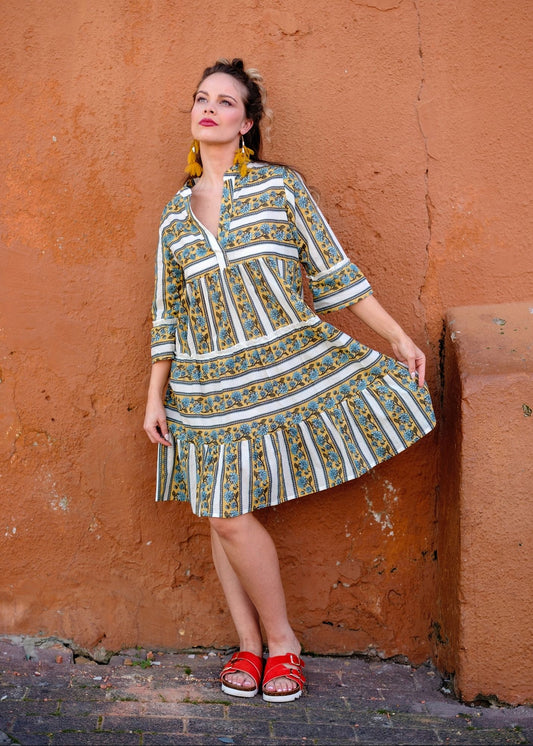 Loretta Dress in Mustard Meadow Block Print