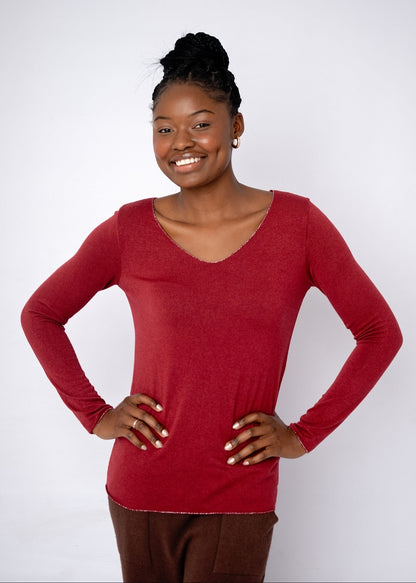 Silver Lining V-Neck Winter Weight Knit Jumper in Maroon