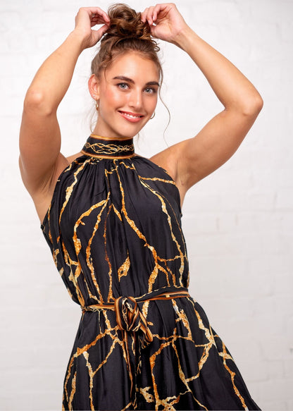 Brooke Dress in Black and Gold Marble