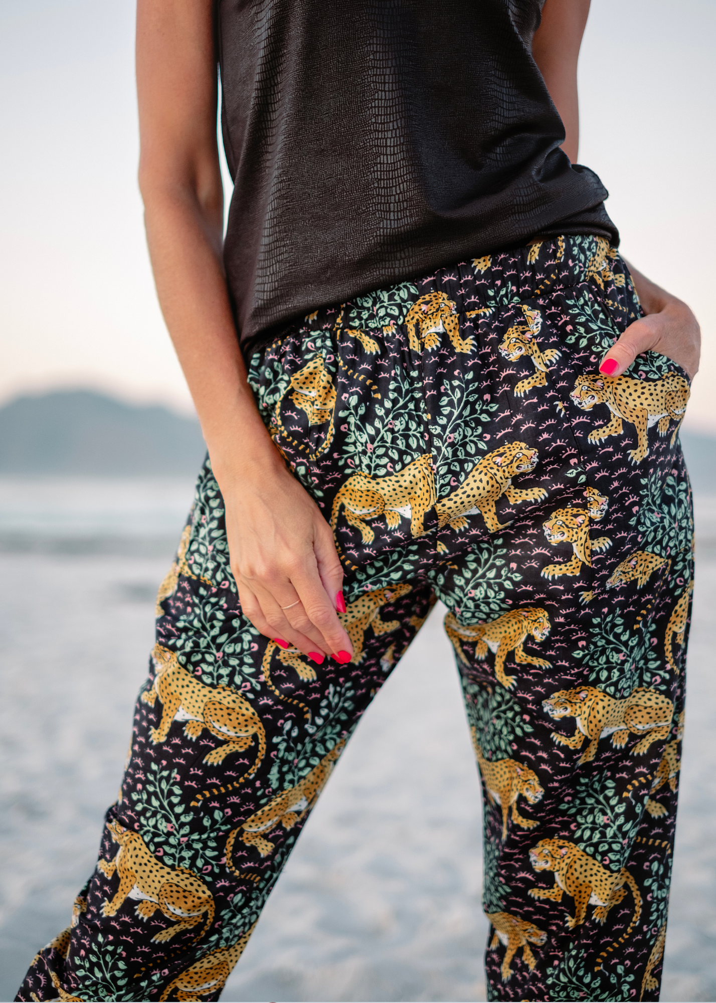 Patch Pocket Pants, Black Leopard