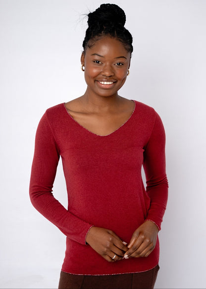 Silver Lining V-Neck Winter Weight Knit Jumper in Maroon