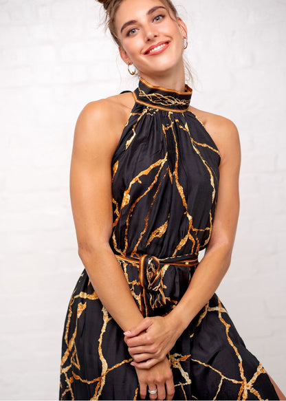 Brooke Dress in Black and Gold Marble