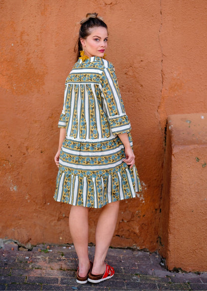 Loretta Dress in Mustard Meadow Block Print