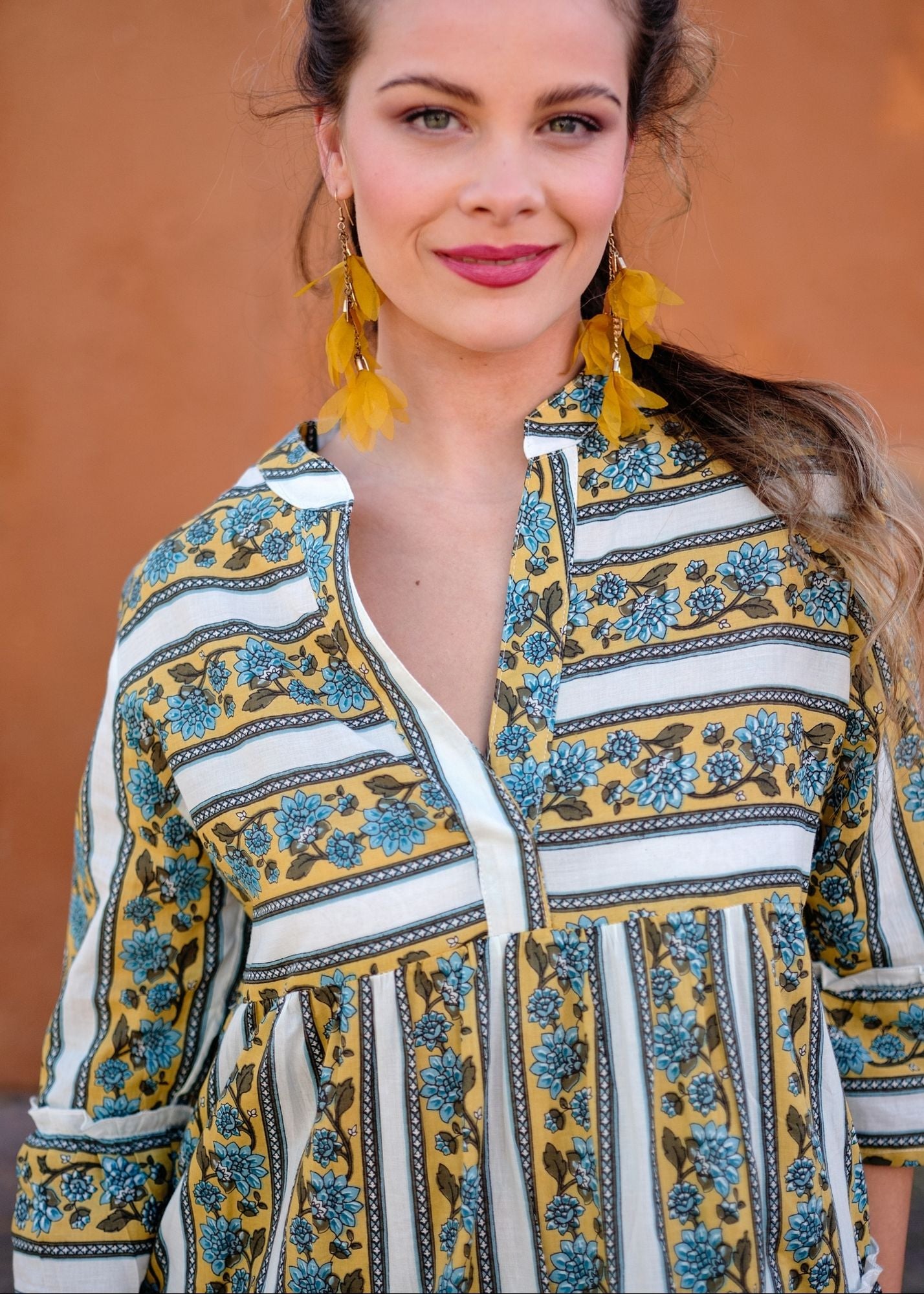 Loretta Dress in Mustard Meadow Block Print