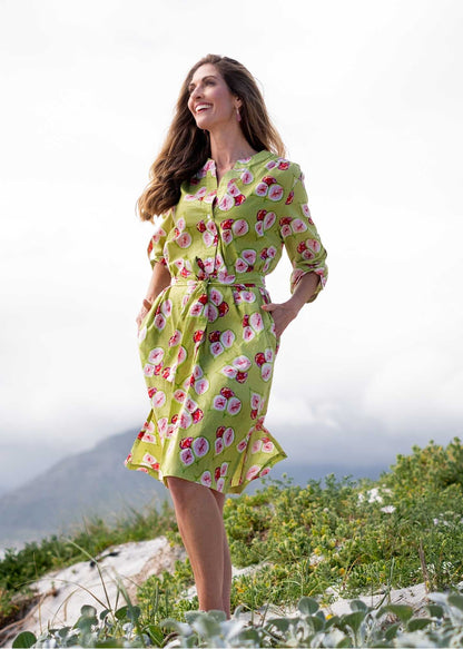 Mandarin Collar Dress in Green Fig