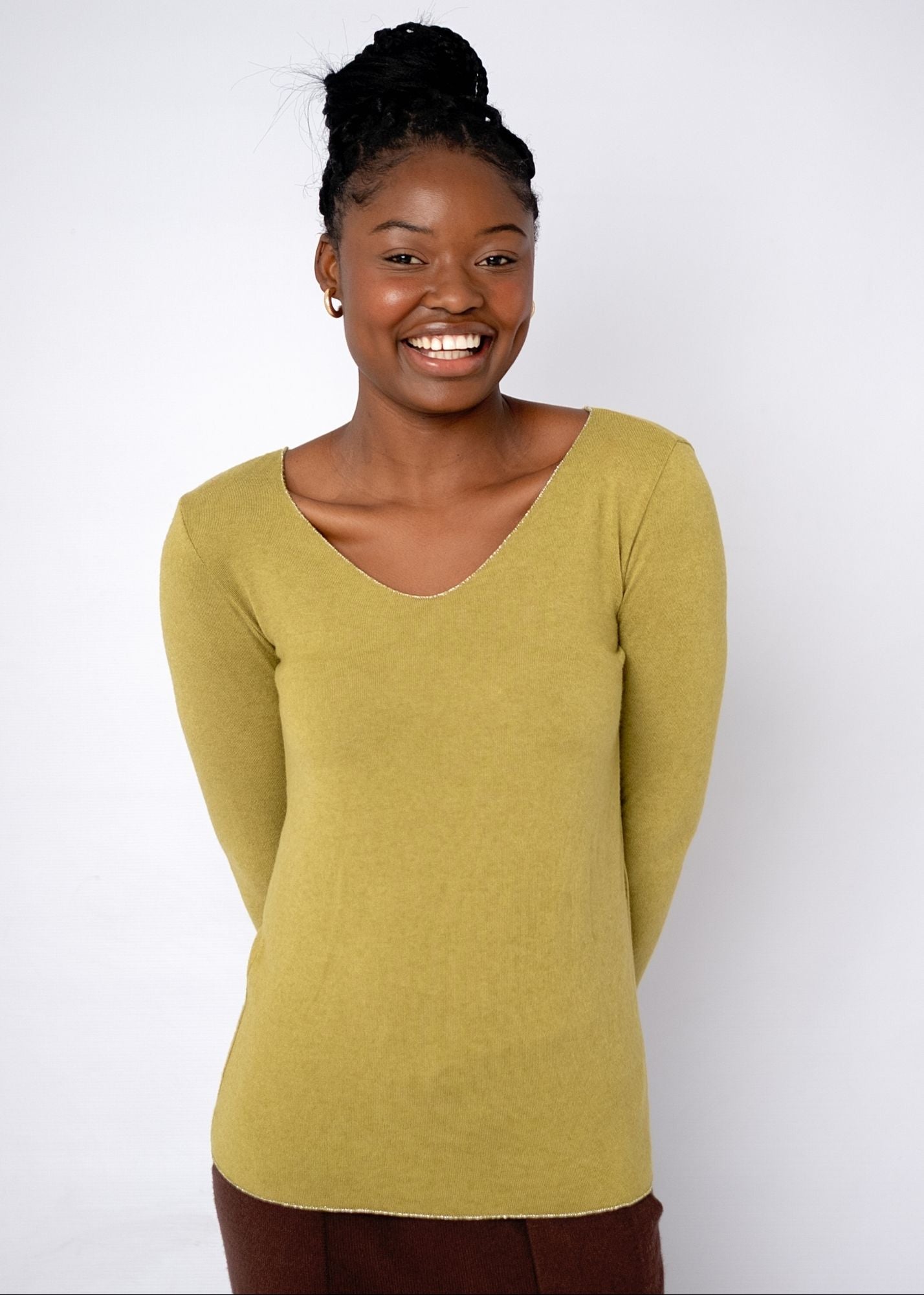 Silver Lining V-Neck Winter Weight Knit Jumper in Mustard