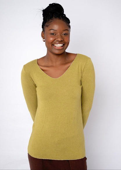 Silver Lining V-Neck Winter Weight Knit Jumper in Mustard