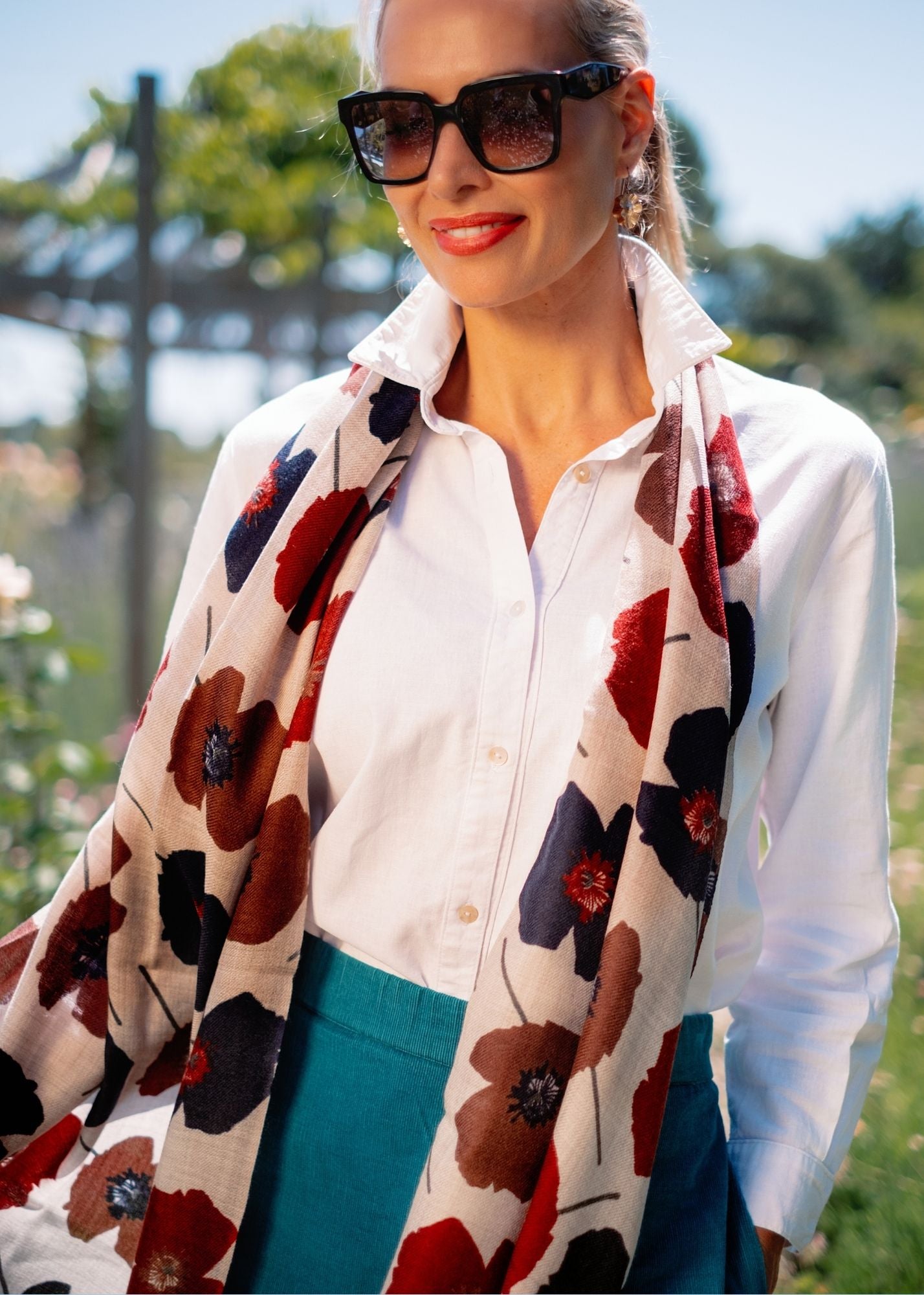 Scarf Maroon and Blue Flowers 100% wool