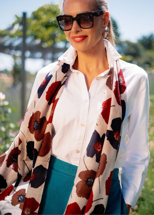 Scarf Maroon and Blue Flowers 100% wool