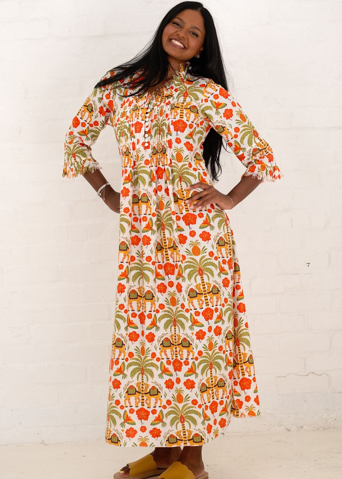 Sarah Dress with Frill in Orange and Green Camel