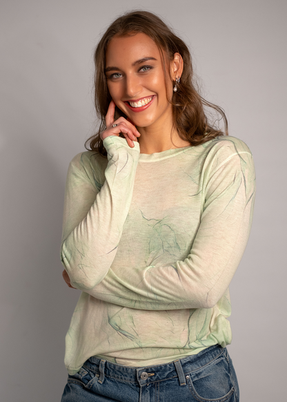 100% Wool Round Neck Long Sleeve Sweater in Green Marble