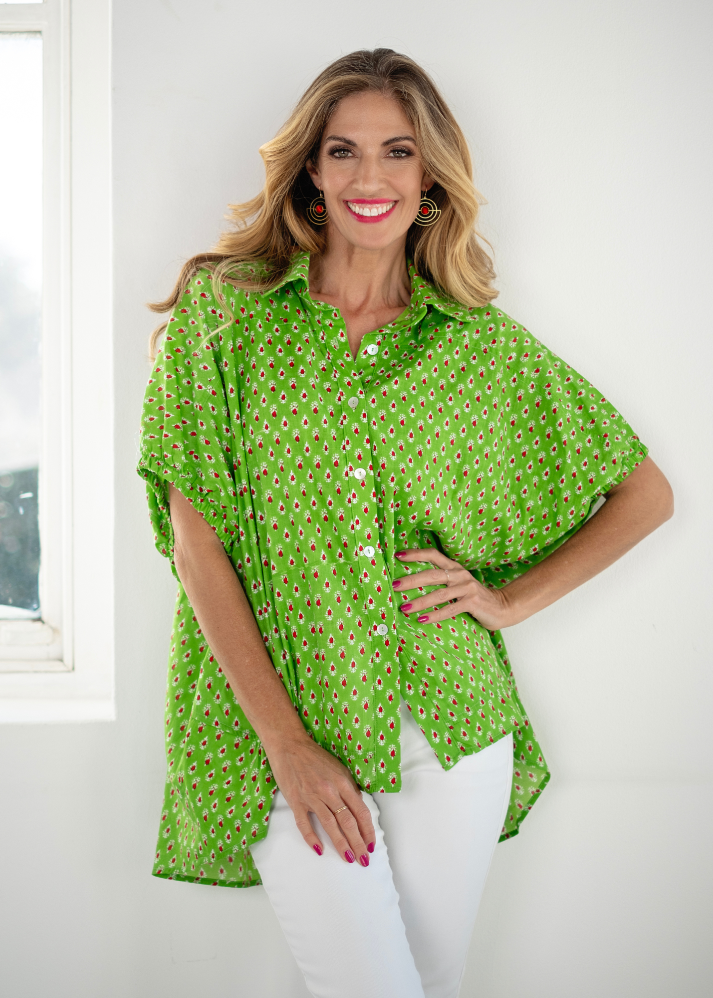 Athina blouse in Lime and Red Motif