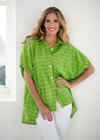 Athina blouse in Lime and Red Motif