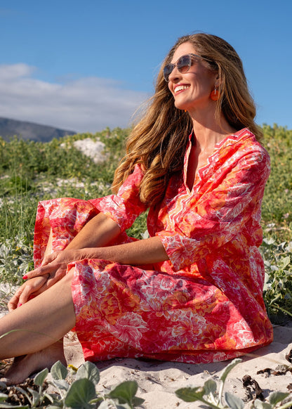 Lee-Ann pleated dress Long,  Tangerine Hibiscus