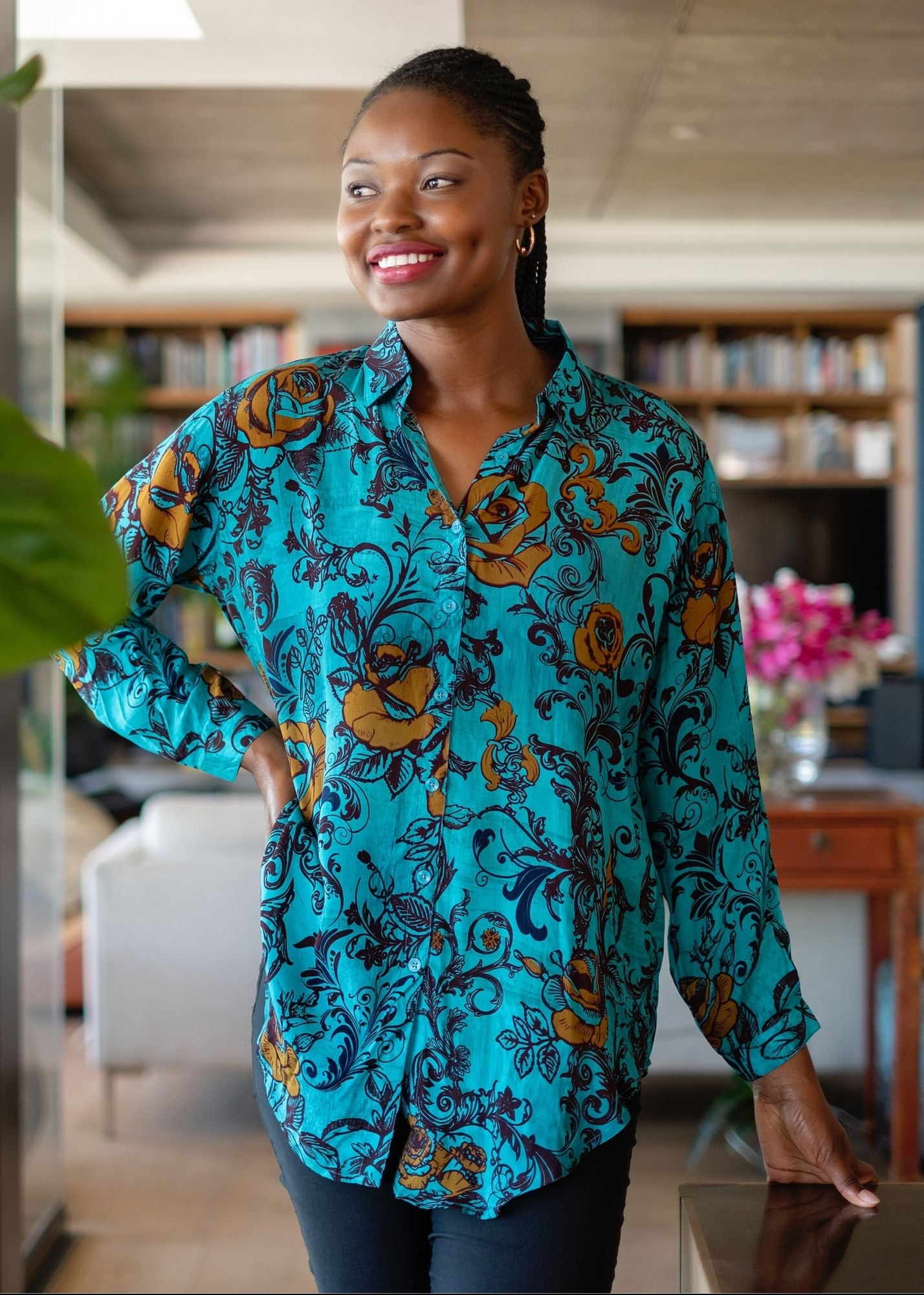 Sienna Button down blouse in Turquoise Rose
