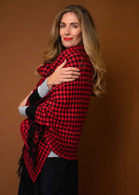 The Milan Knit Wrap with Sleeves  – Red and Black Houndstooth