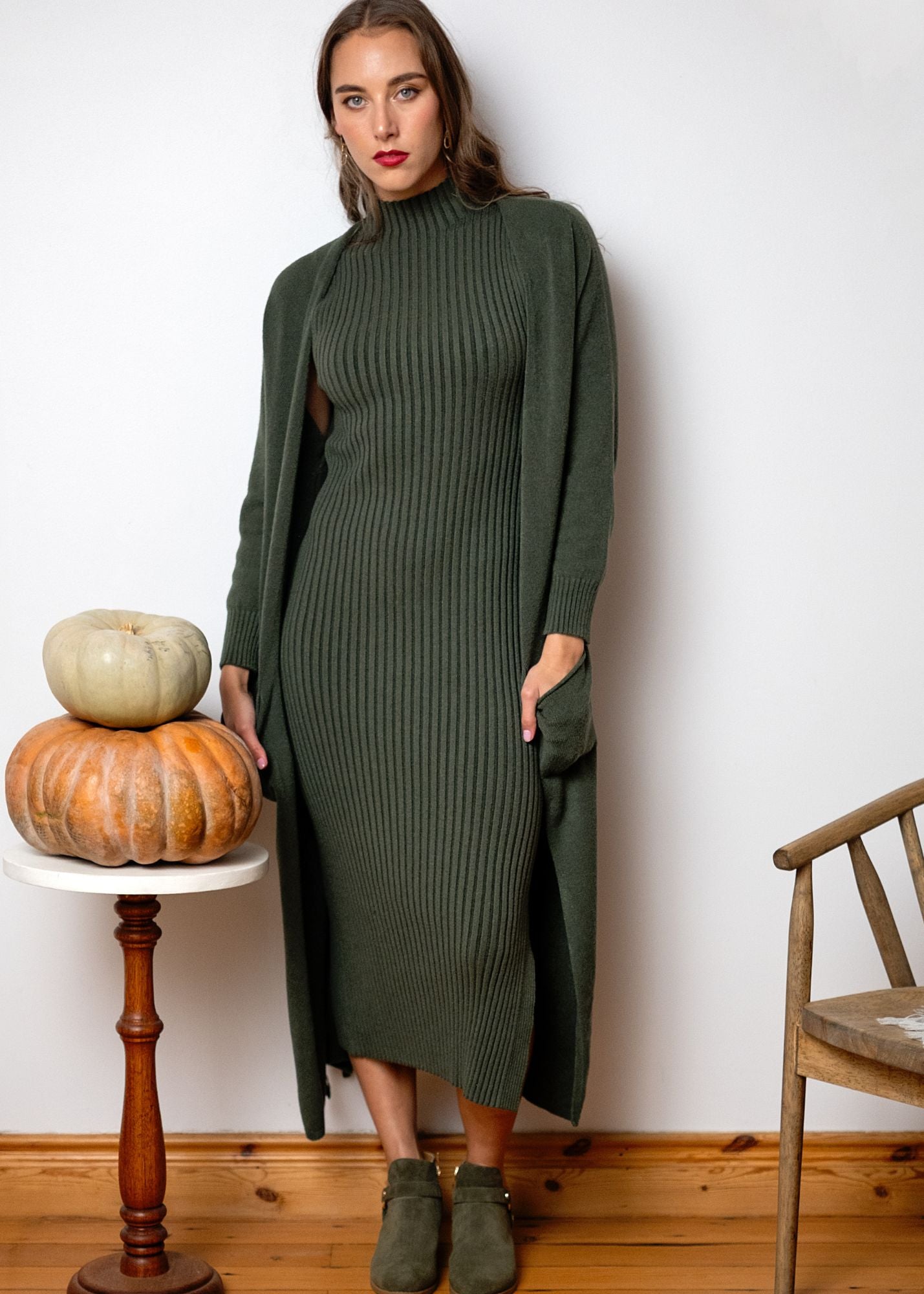Urban Cozi Knit in Longline Open-Front Cardigan Jacket in Olive