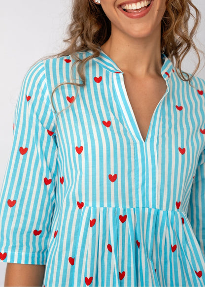 Lee-Ann Dress in Turquoise Heart Stripe