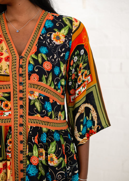 Claudia Dress - Black with Floral Tile Print