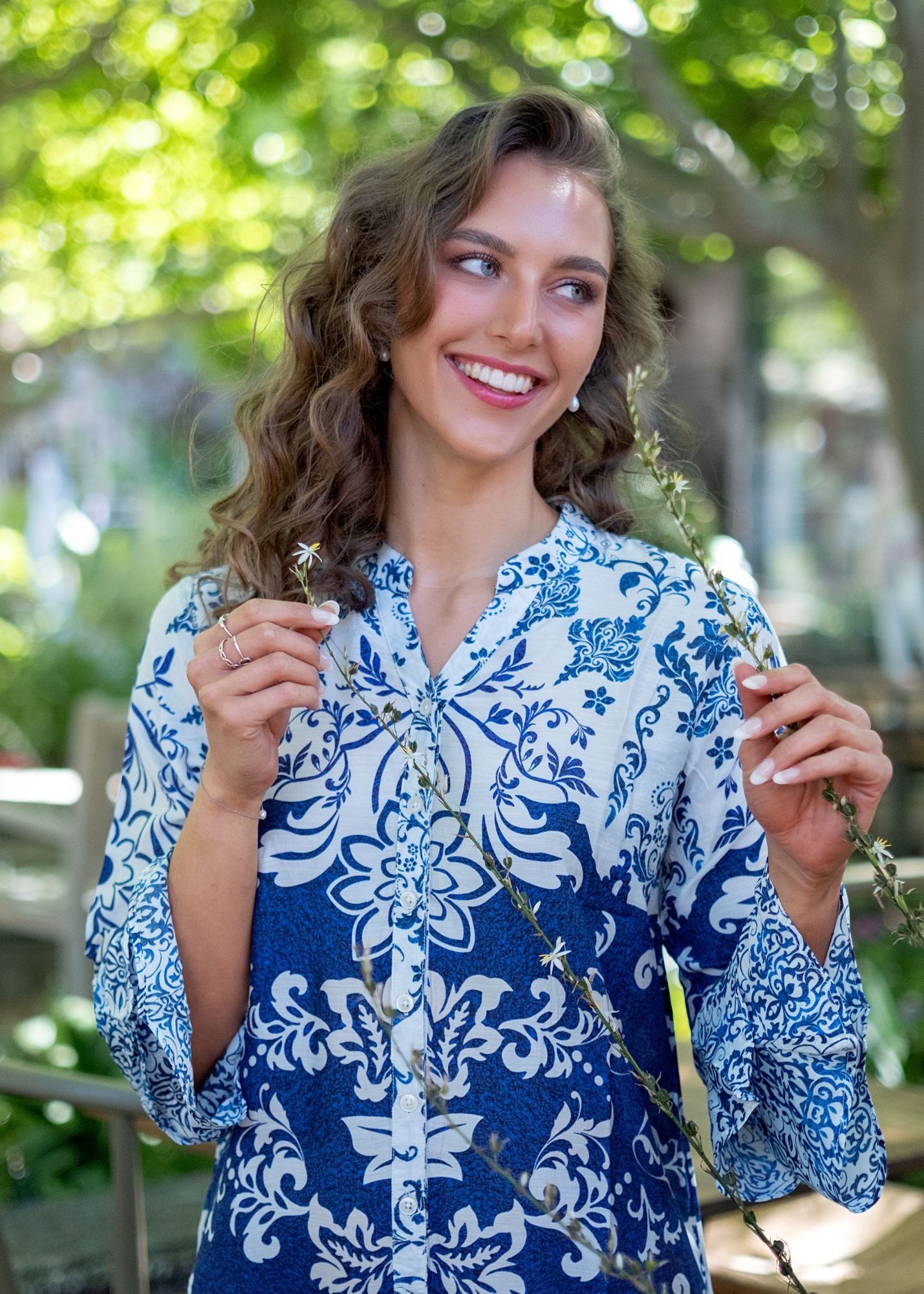 Symphony Dress in Blue and White Retro Print