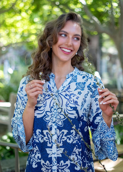 Symphony Dress in Blue and White Retro Print