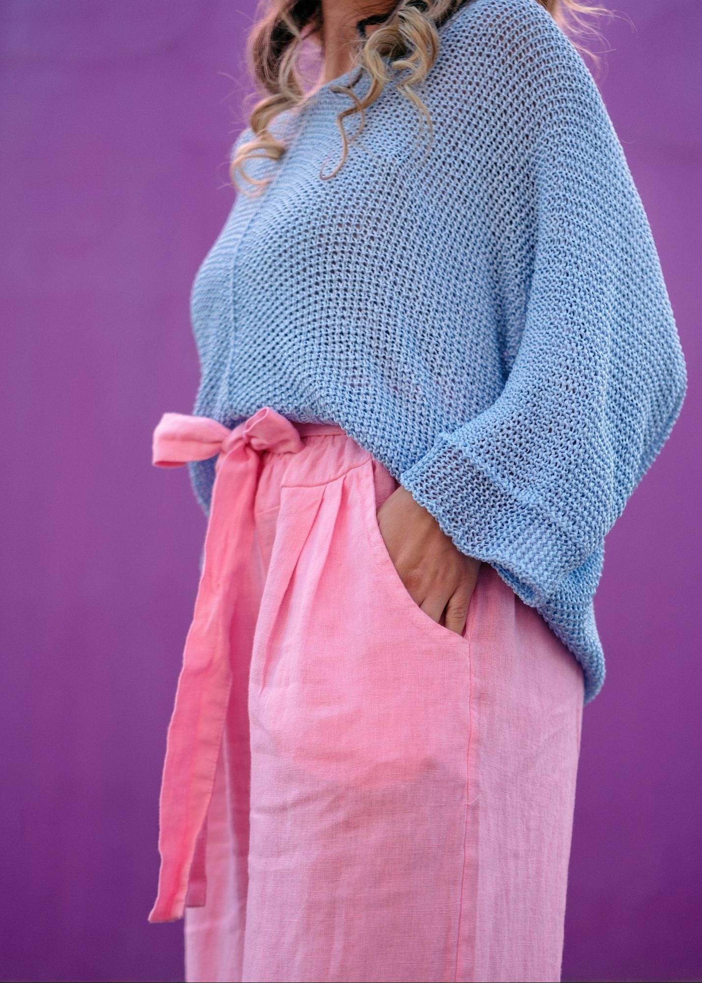 Lino 100% Linen Pants in Pink Broderie