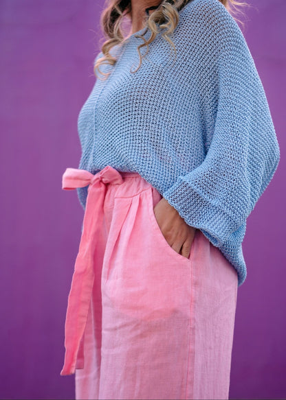 Lino 100% Linen Pants in Pink Broderie