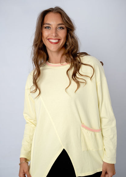 Lagen Top in Soft Yellow with Pink Detail on Trim