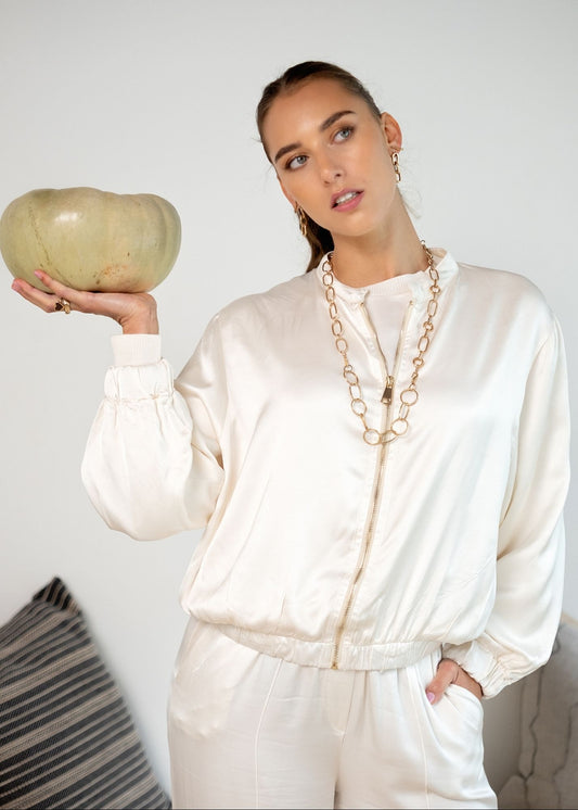 Lila  Bomber Jacket in Viscose Silk Blend in Cream