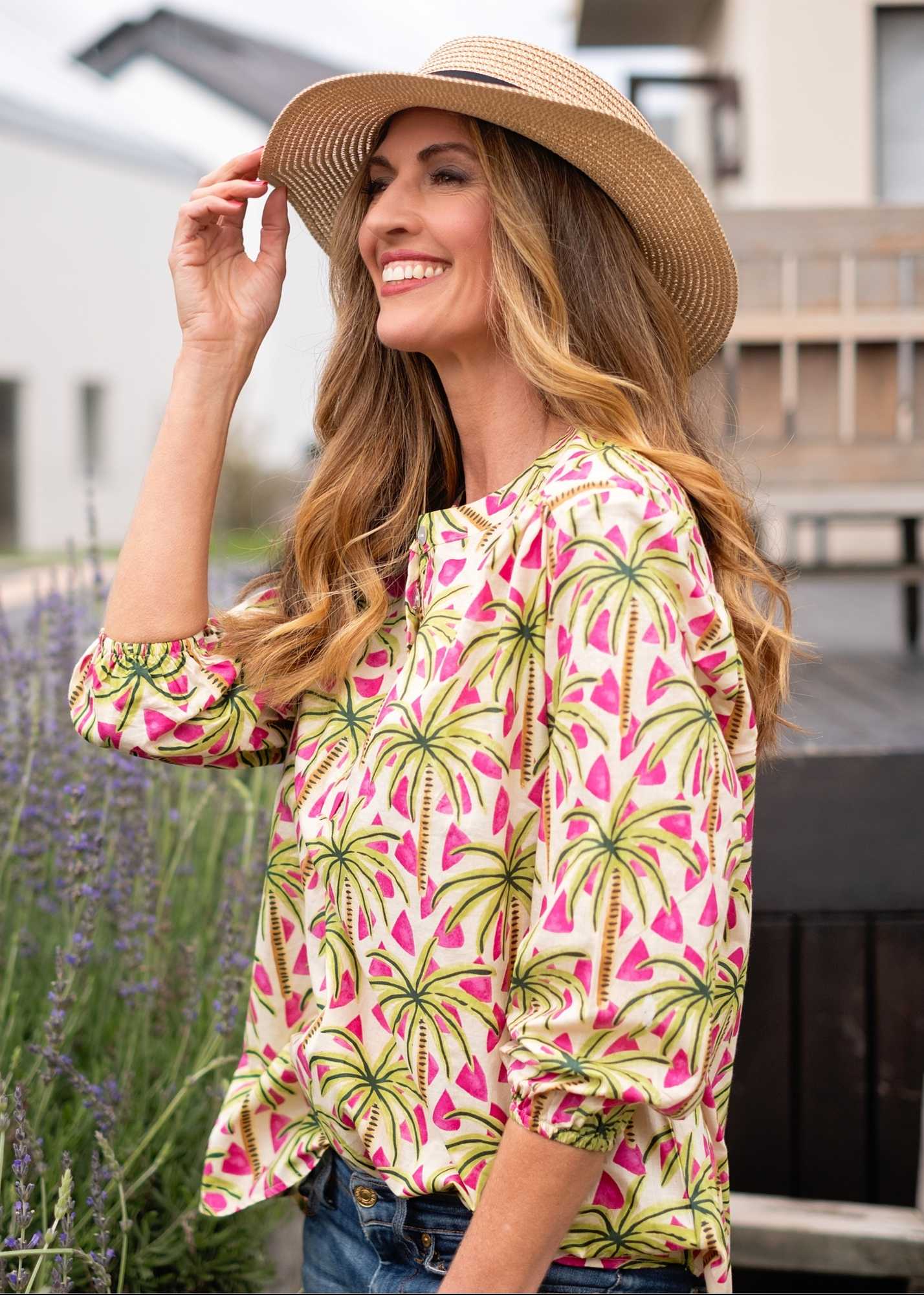 Lauren Comfy top, Pink and Green Palms