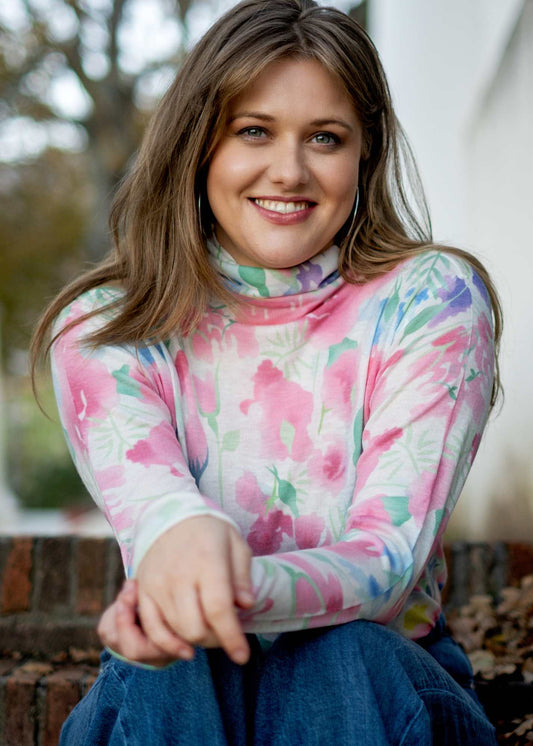 100% Wool Turtle Neck Long Sleeve Sweater in Pink Garden