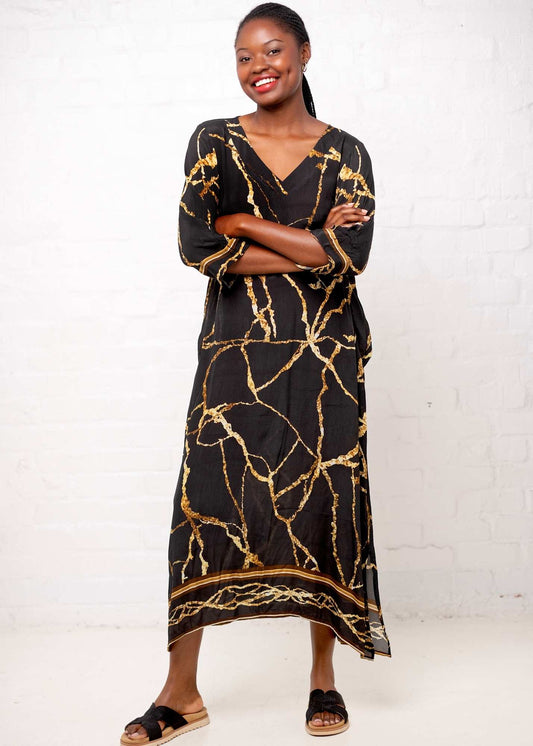 Gloria Dress with Tucked Sleeve Detail in Black and Gold Marble