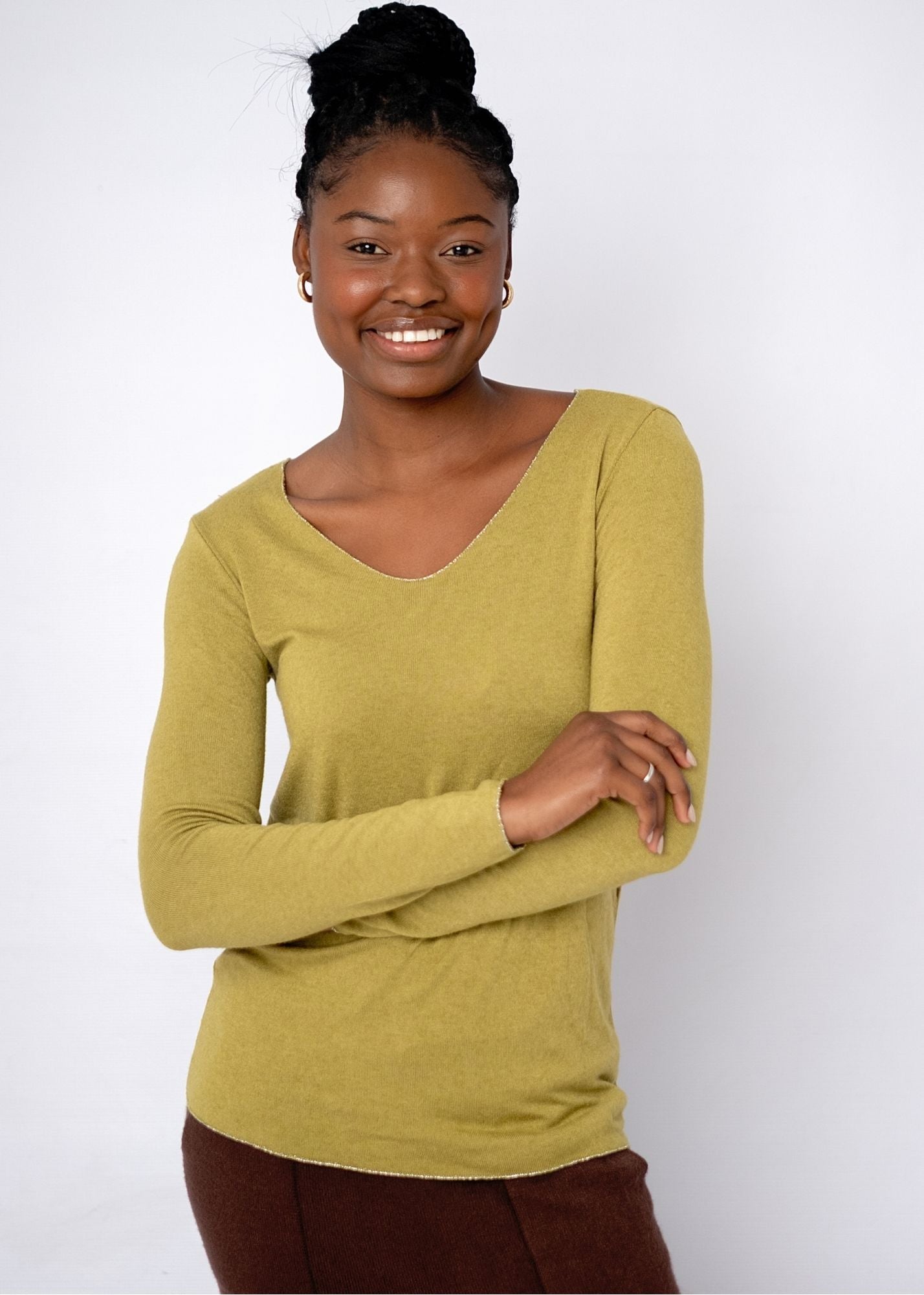 Silver Lining V-Neck Winter Weight Knit Jumper in Mustard