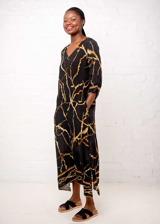 Gloria Dress with Tucked Sleeve Detail in Black and Gold Marble