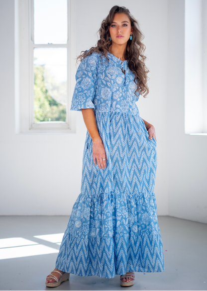 Petal dress in Blue and White Floral and Zig Zag
