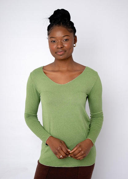 Silver Lining V-Neck Winter Weight Knit Jumper in Olive