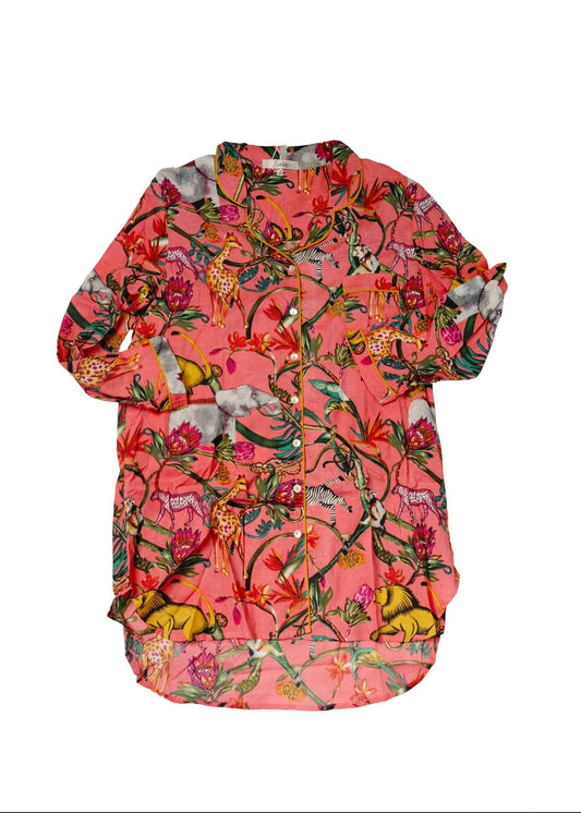 Long Sleeve Sleepshirt in Coral Elephant Safari