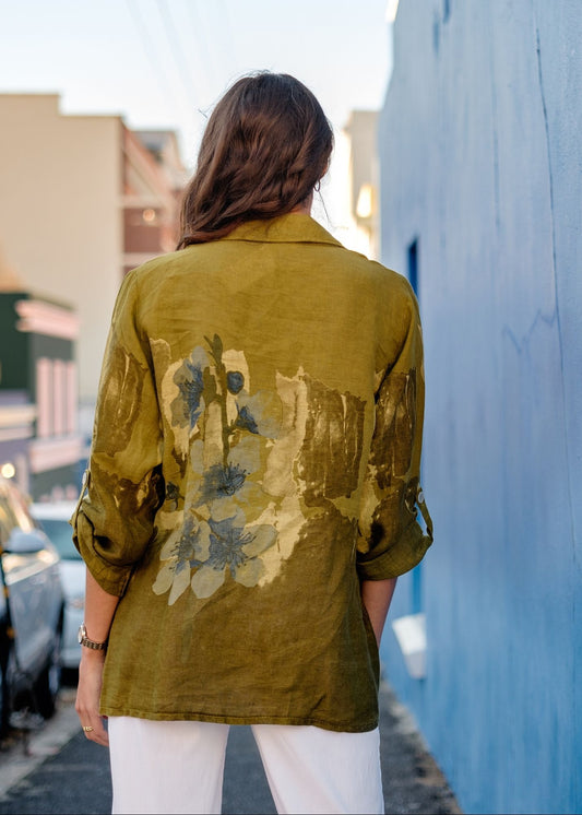 Lino 100% Linen Button Jacket in Heirloom Khaki