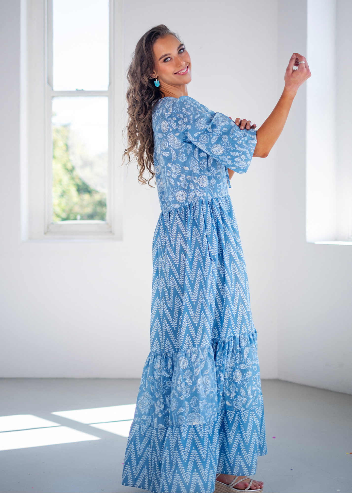 Petal dress in Blue and White Floral and Zig Zag