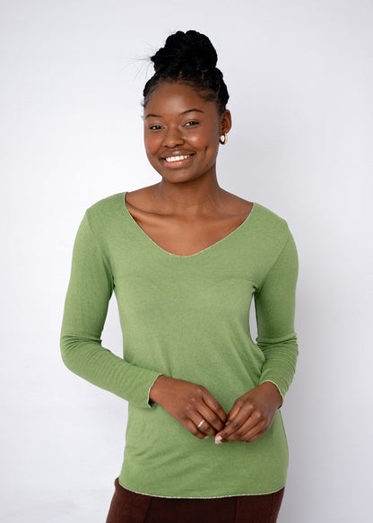 Silver Lining V-Neck Winter Weight Knit Jumper in Olive