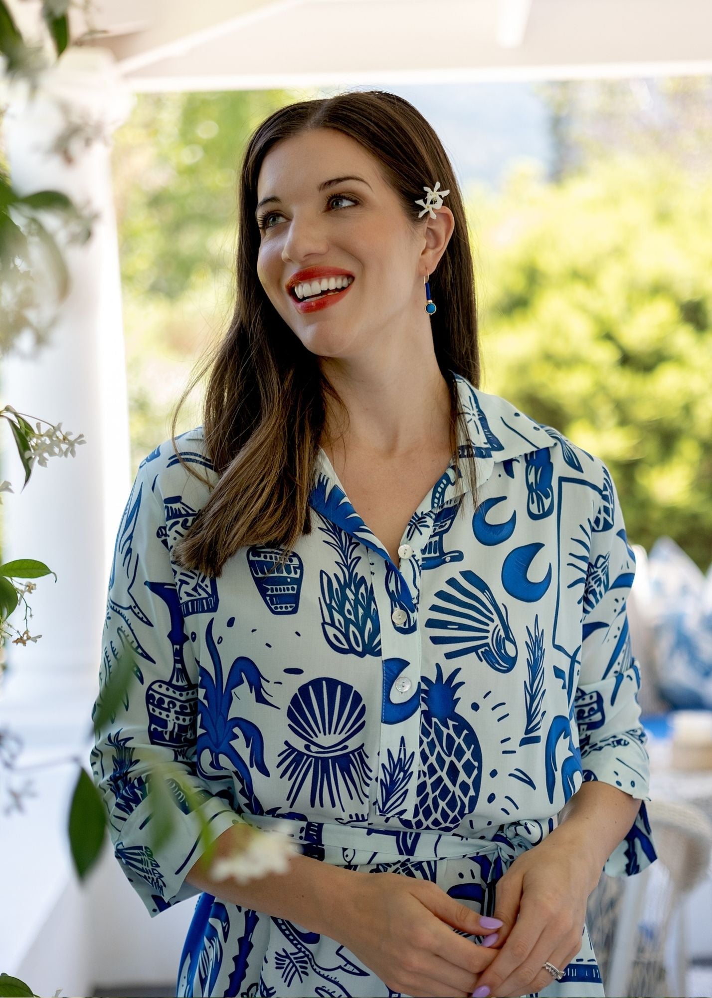 Gaby shirt dress in Blue and White Tropical