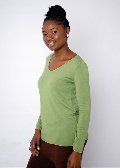 Silver Lining V-Neck Winter Weight Knit Jumper in Olive