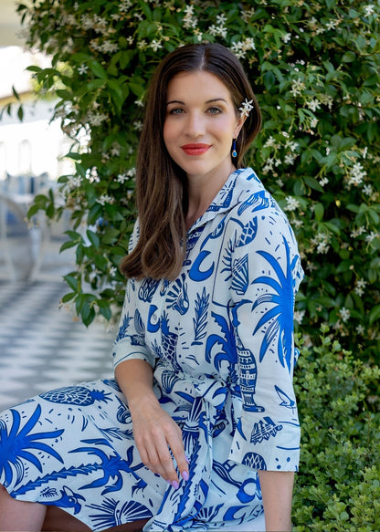 Gaby shirt dress in Blue and White Tropical