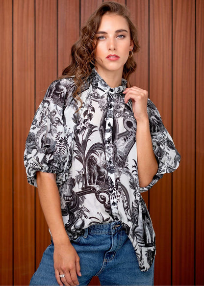 Raglan button down blouse in Black And White Lion