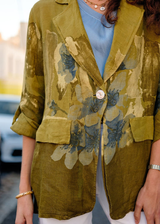 Lino 100% Linen Button Jacket in Heirloom Khaki