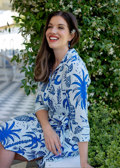 Gaby shirt dress in Blue and White Tropical