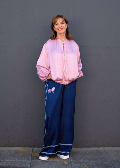 Lila Viscose Silk Blend Pants in Blue Gallop Glam