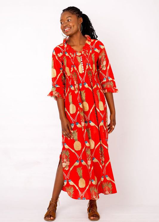 Sarah Dress with Frill in Red with Pineapple
