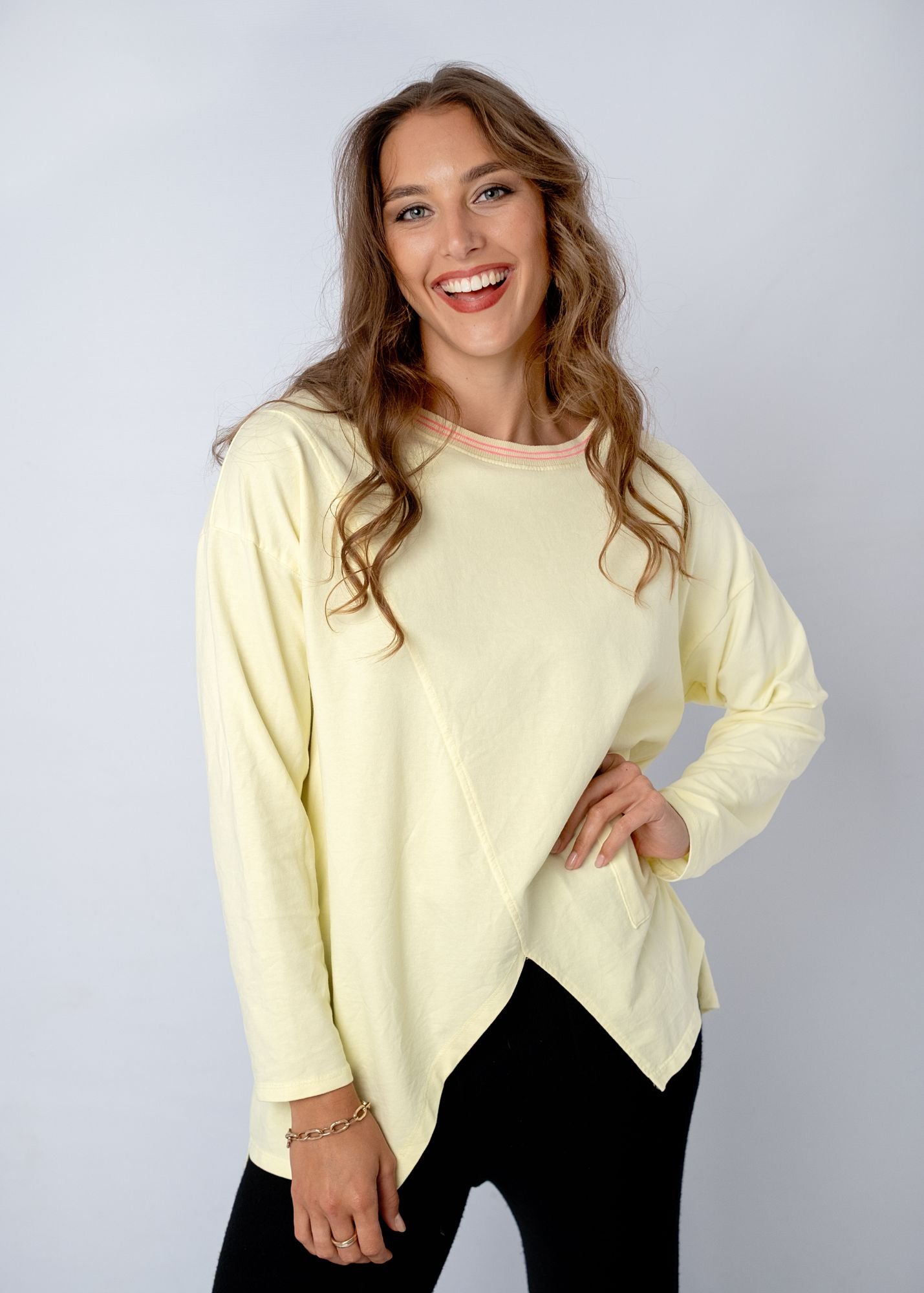 Lagen Top in Soft Yellow with Pink Detail on Trim